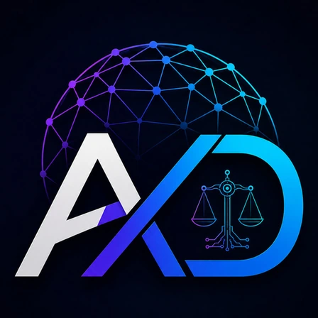 Axiodesyc emblem: the letters AXD with a network globe and scales of justice
